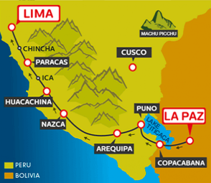 Tourist Bus La Paz to Copacabana to Puno to Arequipa (via Nasca) to Huacachina to Paracas to Lima (Bolivia & Peru Hop)